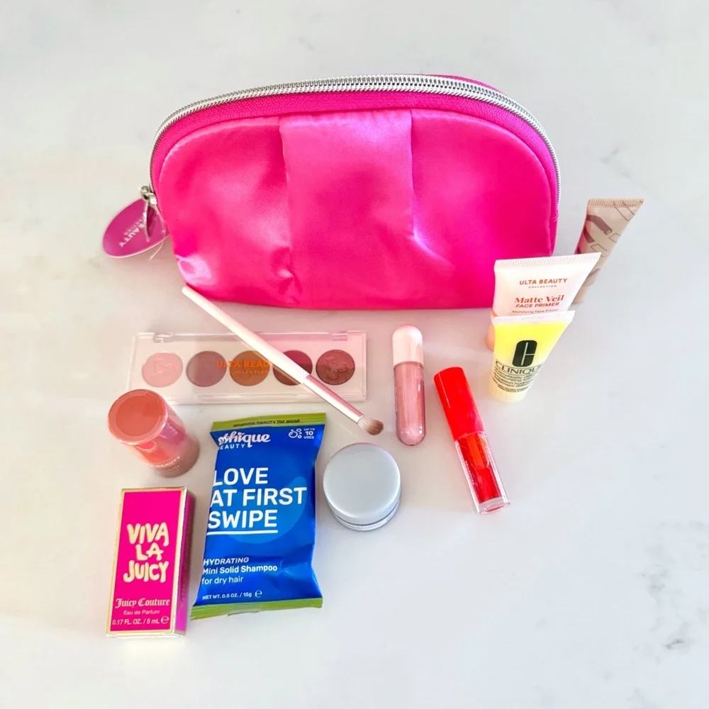 COSMETIC BUNDLE: Ulta Beauty Zip-Around Hot Pink Travel Bag & Make-Up Samples